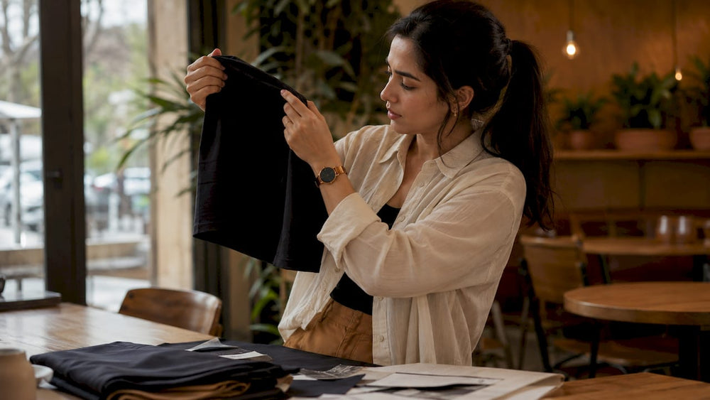 Textile engineer inspecting gym fabric in lab