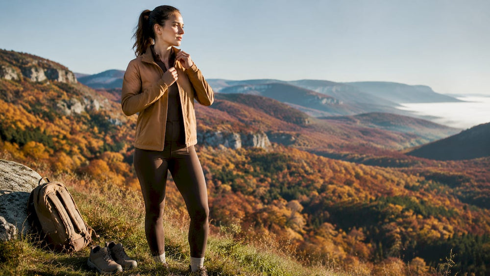 Woman wearing activewear on forest trail
