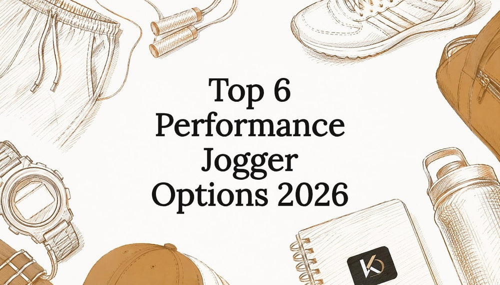 Decorative title card illustration of joggers and fitness gear