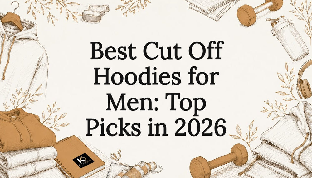 Decorative title card illustration with cut off hoodies and gym elements