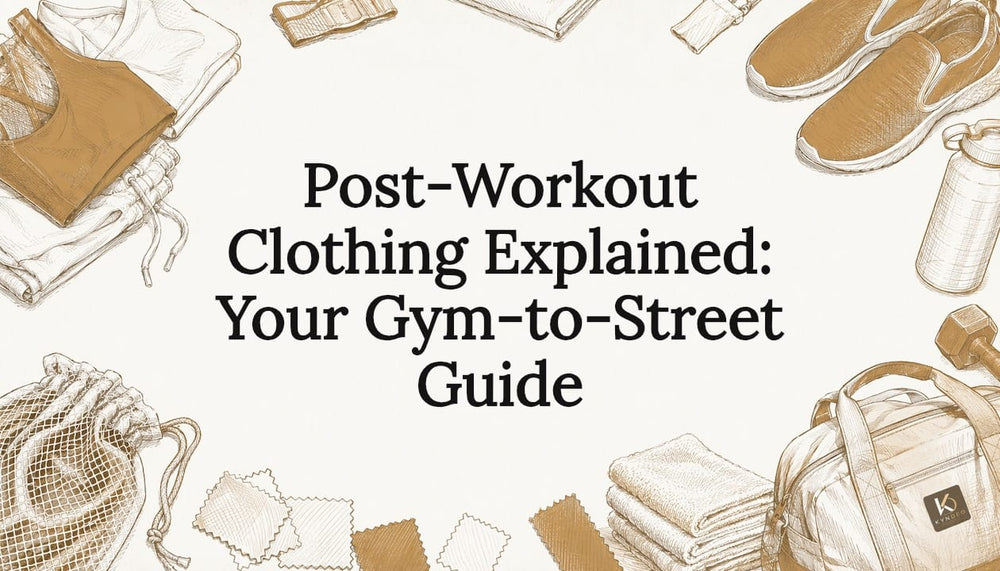 Decorative illustrated title card with fitness apparel elements
