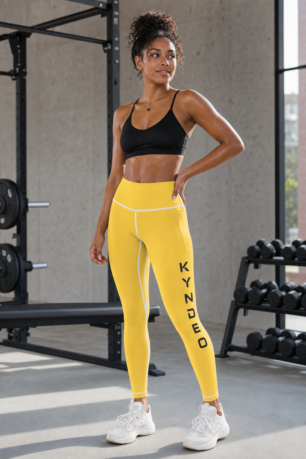 Woman wearing yellow leggings with 'KYNDEO' branding in a gym setting