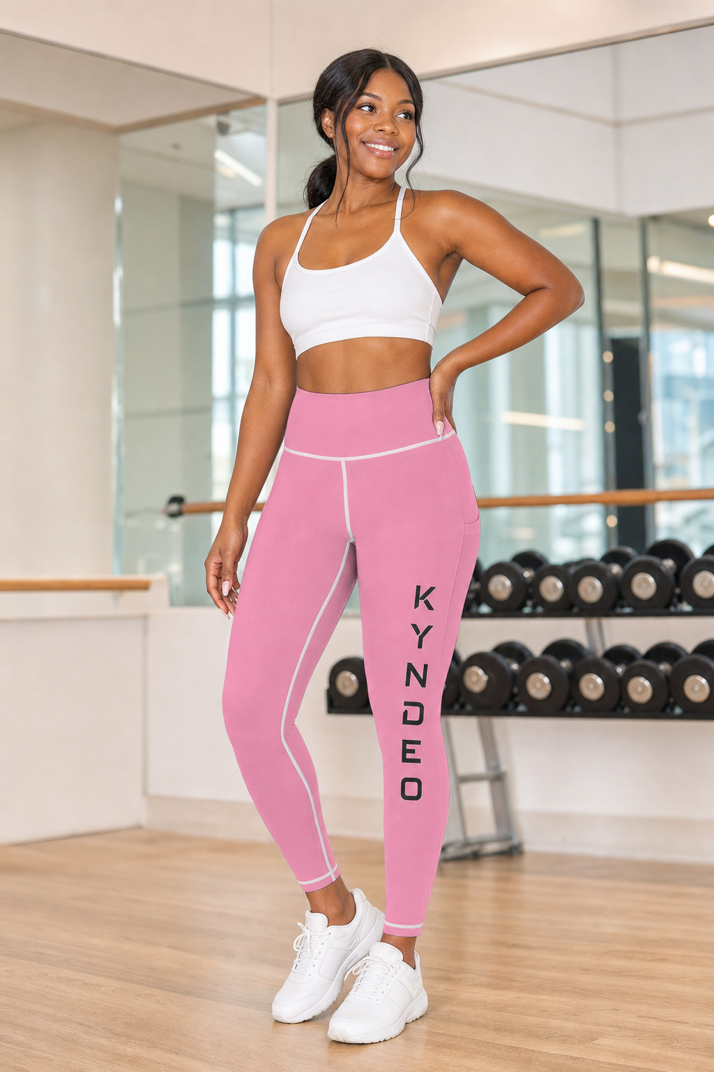 Woman in pink leggings with 'KYNDEO' branding in a gym setting