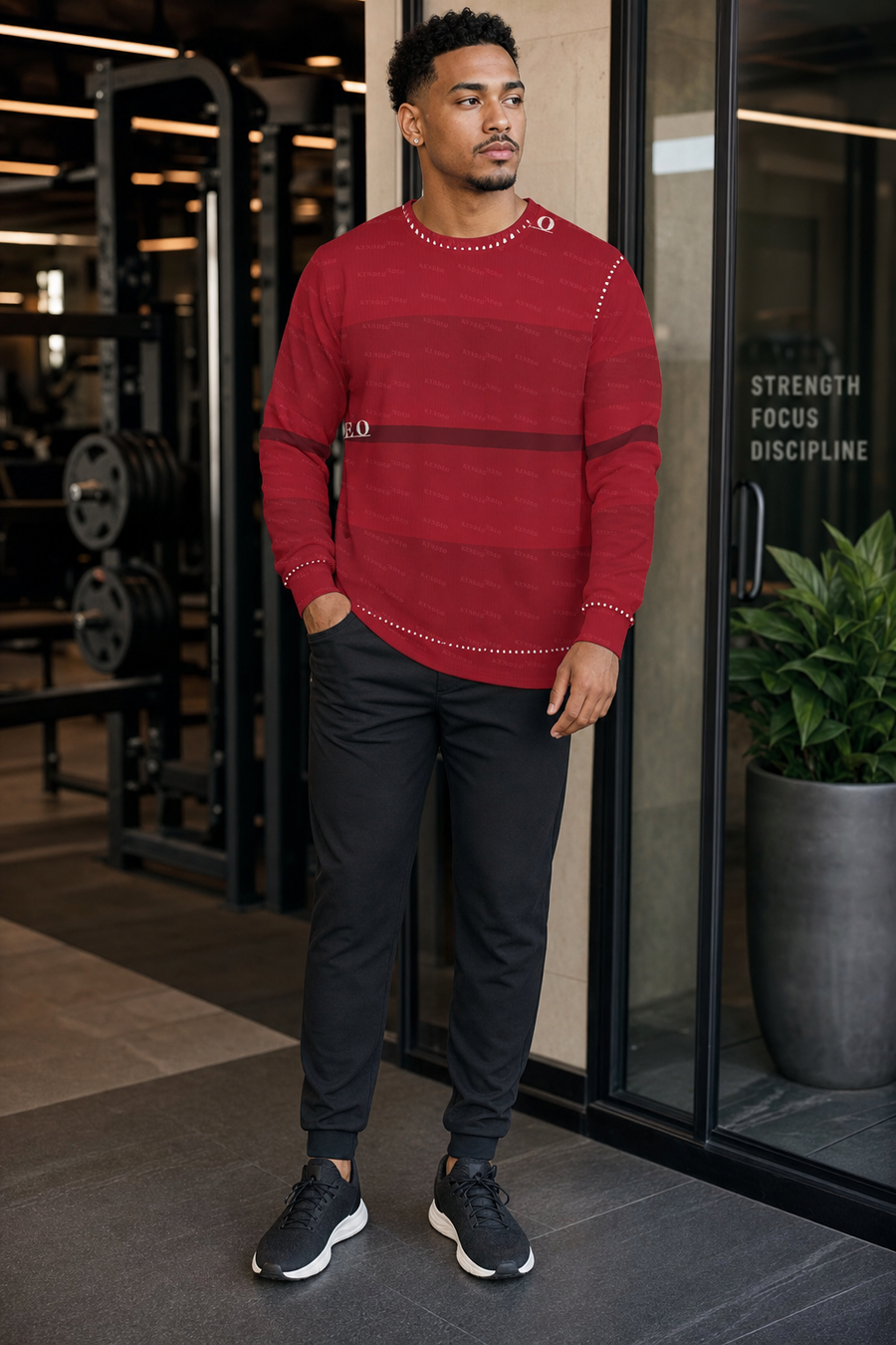 Man wearing a red sweater and black pants standing in a gym setting