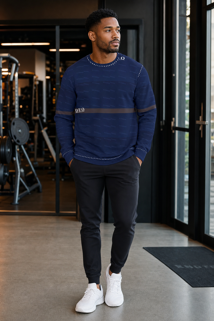 Man wearing a blue sweater and black pants in a gym setting