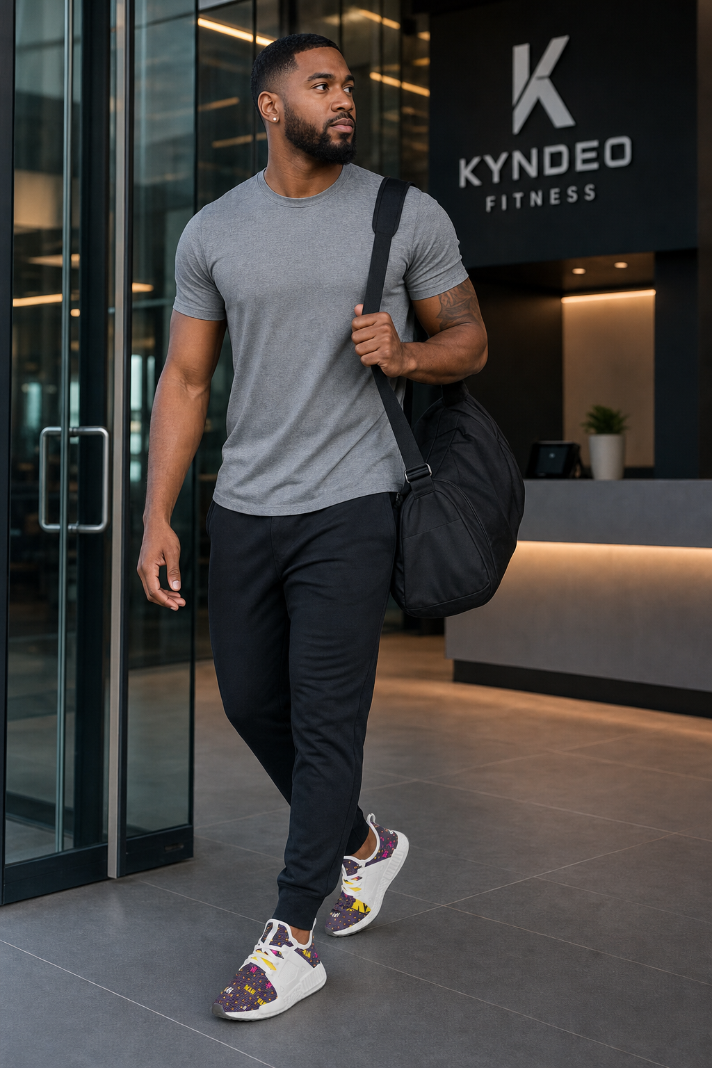 Man walking out of a building with a black duffel bag, wearing a gray t-shirt and dark pants, with 'Kyndeo Fitness' in the background.
