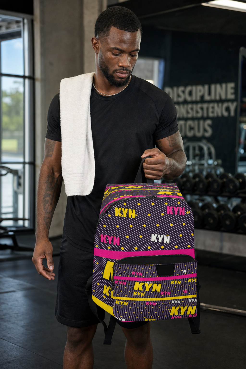 Man holding a colorful backpack with 'KYN' branding in a gym setting