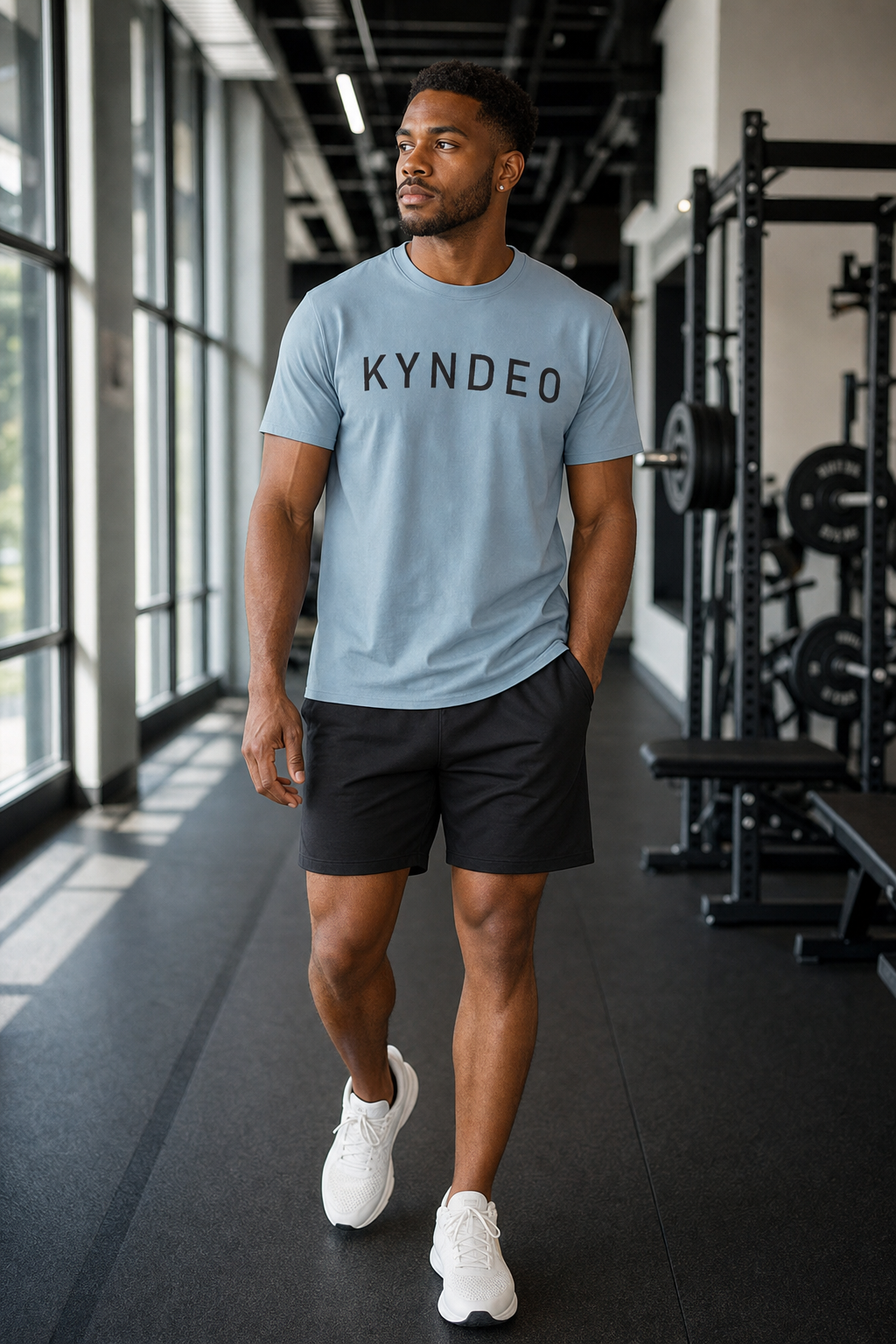Man wearing a light blue 'KYNDEO' t-shirt in a gym setting