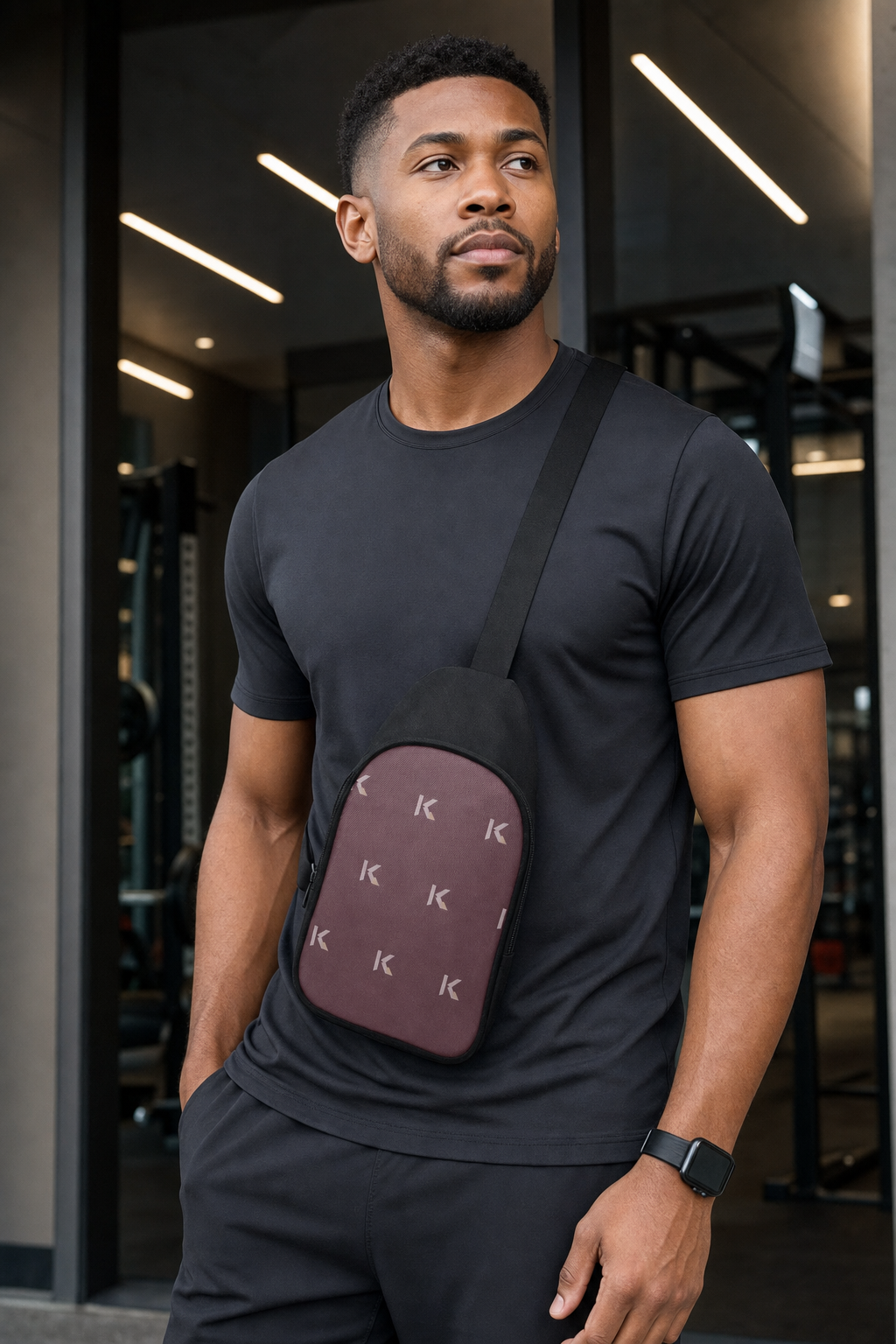 Man wearing a black t-shirt with a crossbody bag featuring a pattern.