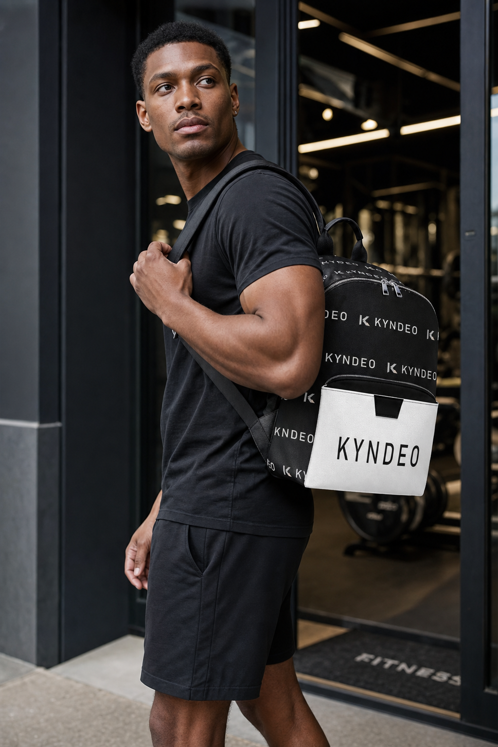 Man holding a black backpack with 'KYNDEO' branding in a gym setting