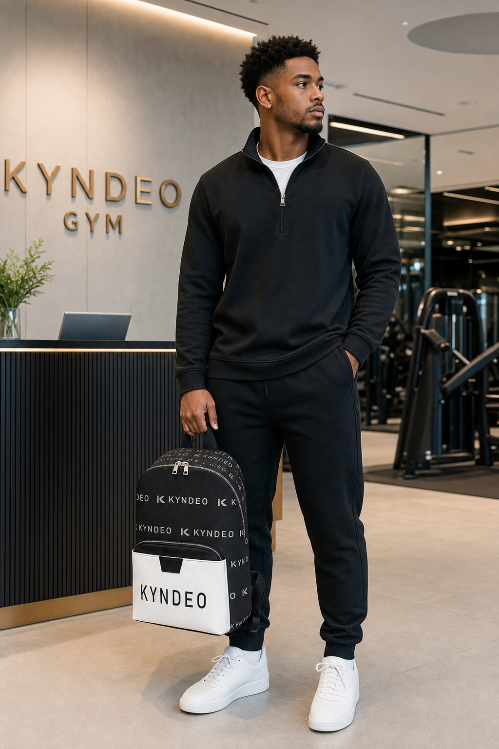 Man holding a black backpack with 'KYNDEO' branding in a gym setting.