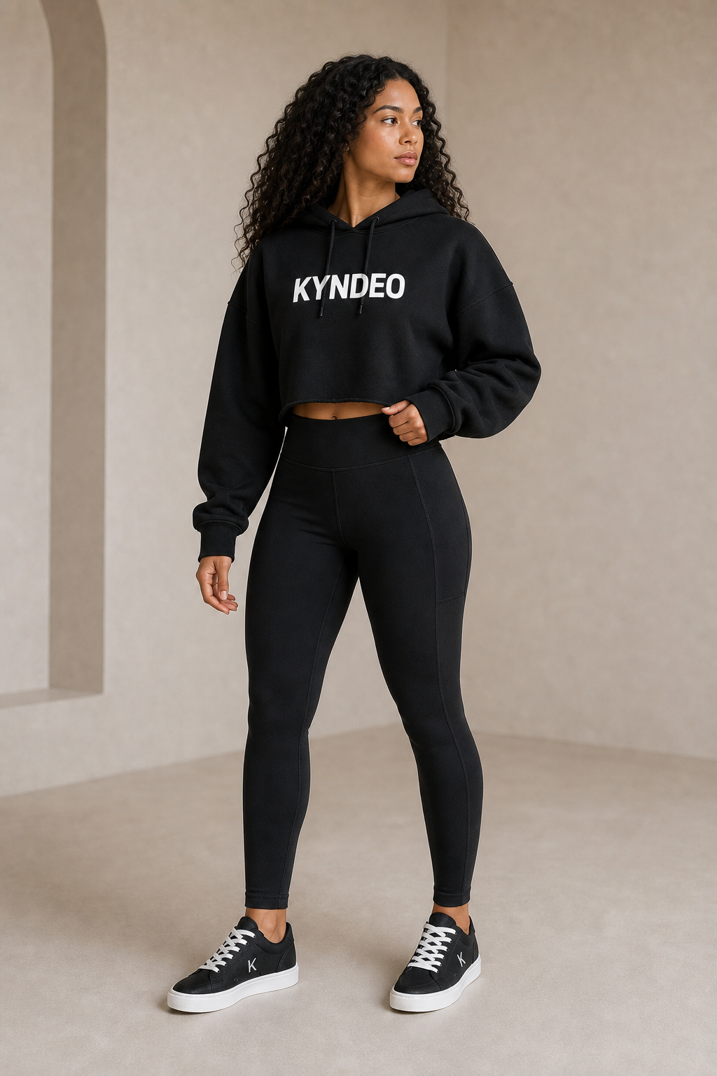 KYNDEO Noir Ivory Cut-Off Hoodie — Black-owned premium activewear cut-off hoodie for gym, street, and everyday style