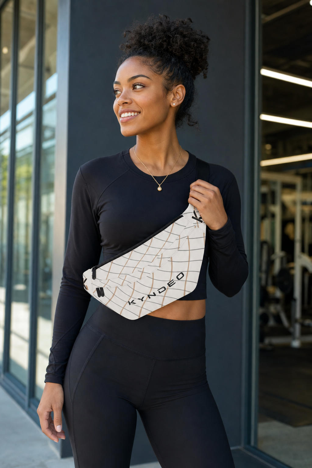 KYNDEO Motion Sling Fanny Pack - Ivory Grid worn crossbody in a gym lifestyle scene