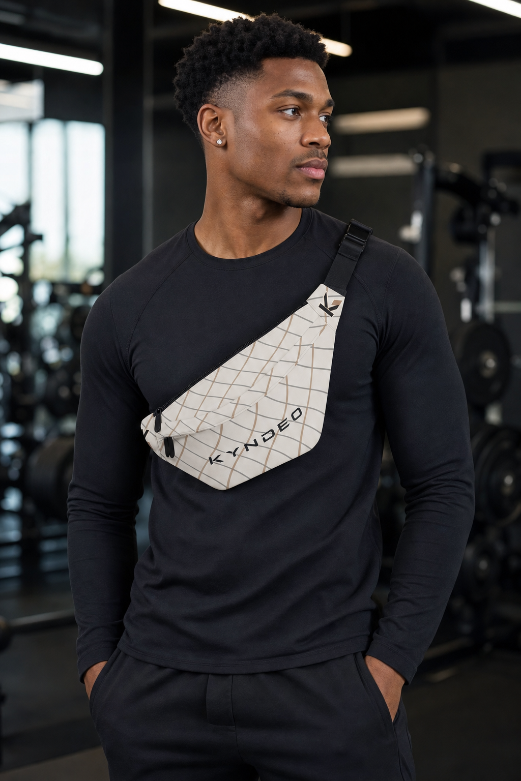 KYNDEO Motion Sling Fanny Pack - Ivory Grid worn by a model in black activewear