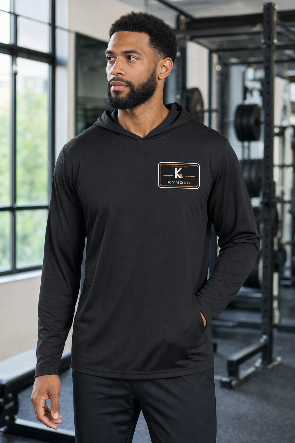 Man wearing a black hoodie with a logo in a gym setting