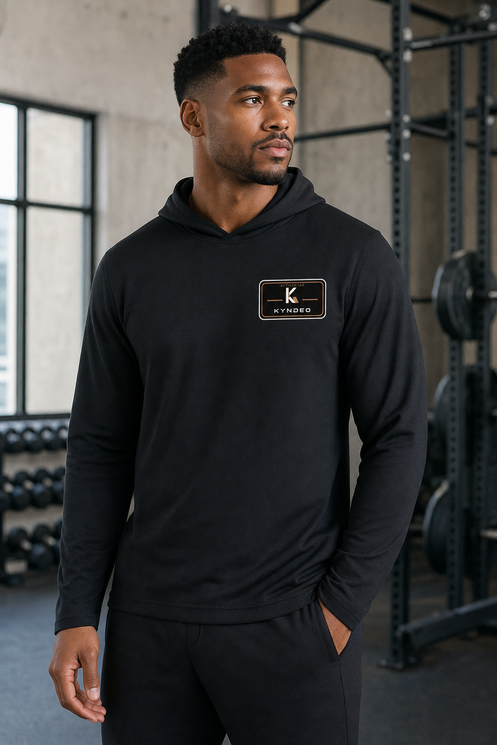 Man wearing a black hoodie with a logo in a gym setting
