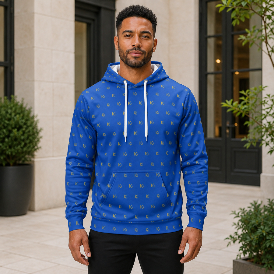 KYNDEO Forge Hoodie - Royal Monogram in royal blue with small gold KD repeat, complete front lifestyle view