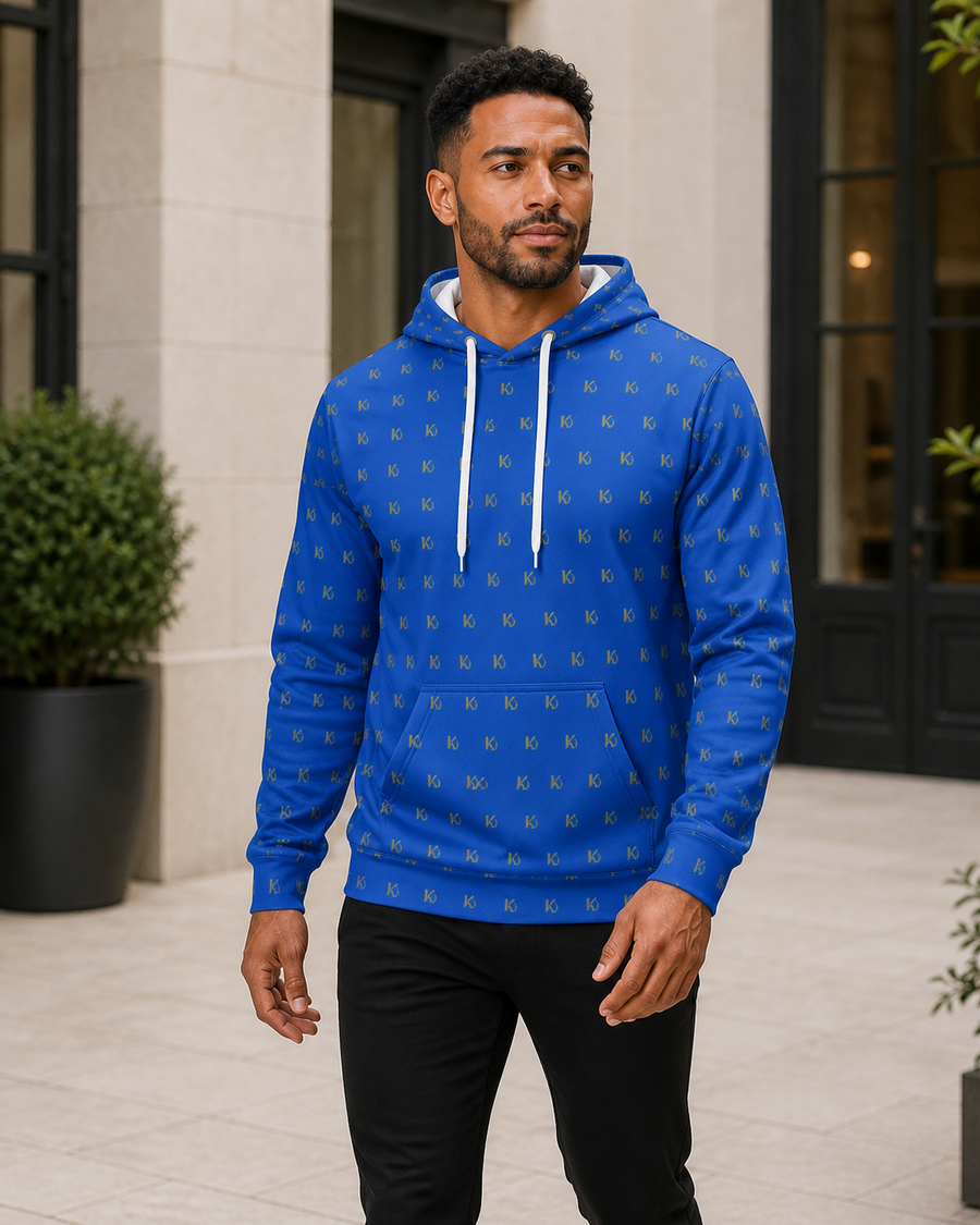 KYNDEO Forge Hoodie - Royal Monogram in royal blue with small gold KD repeat, front three-quarter lifestyle view