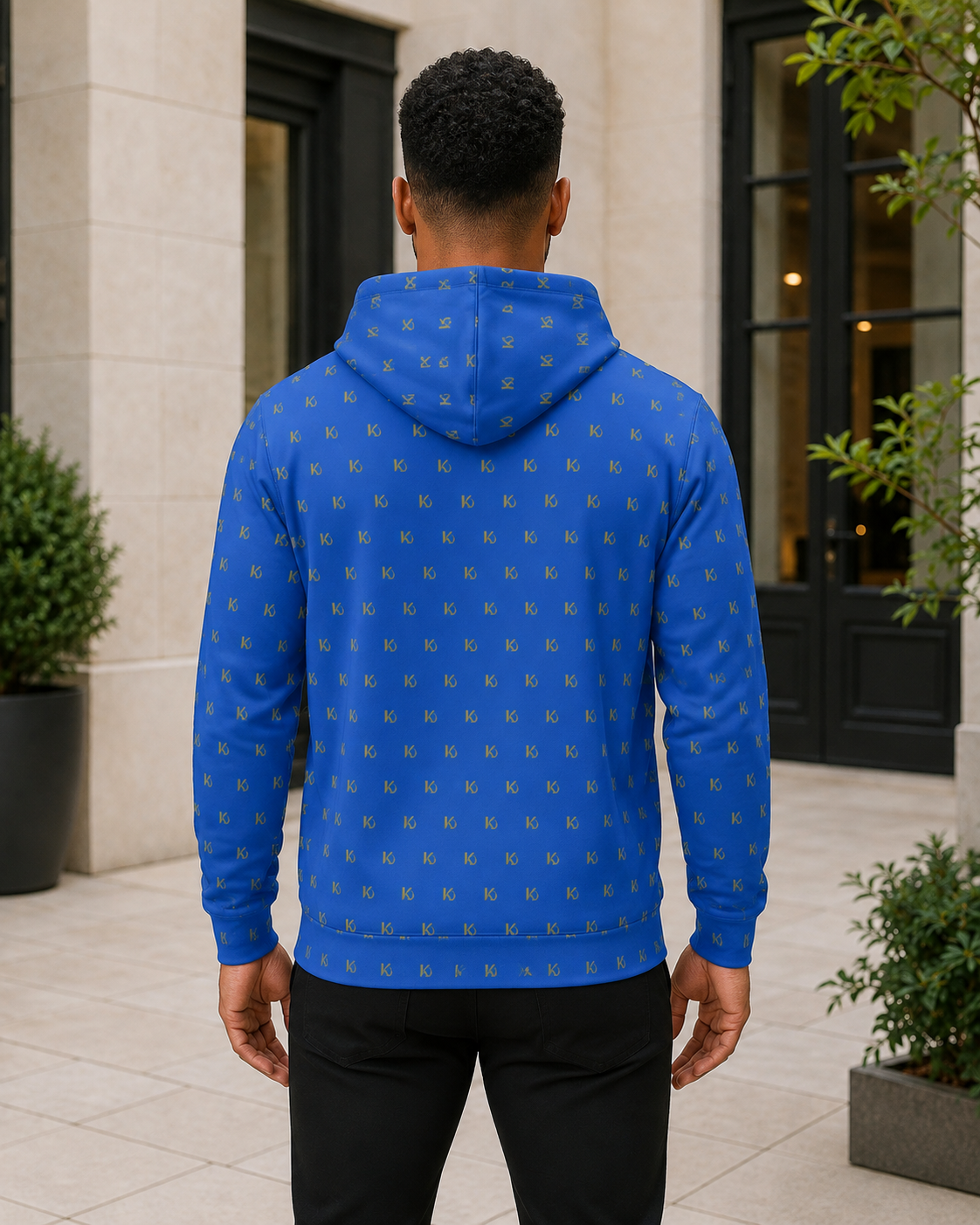 KYNDEO Forge Hoodie - Royal Monogram in royal blue with small gold KD repeat, complete rear lifestyle view