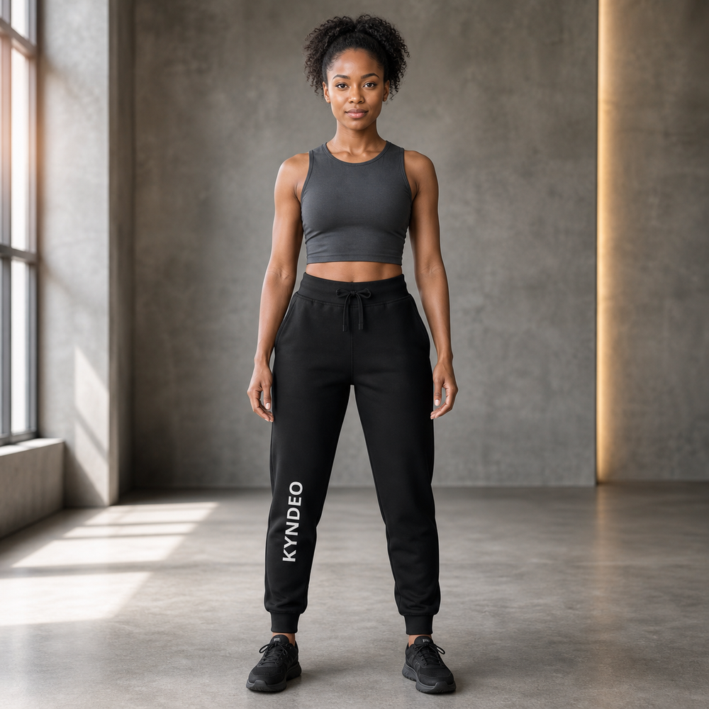 KYNDEO Hearth Fleece Sweatpant full front view on Black woman in warm-gray fitness studio