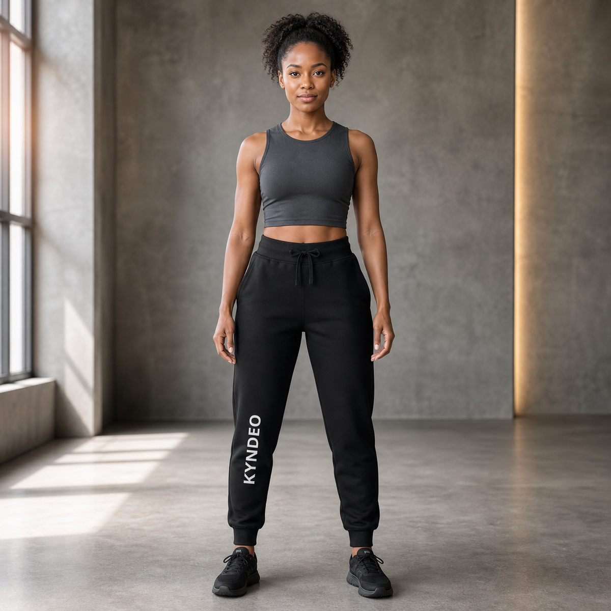 KYNDEO Hearth Fleece Sweatpant full front view on Black woman in warm-gray fitness studio
