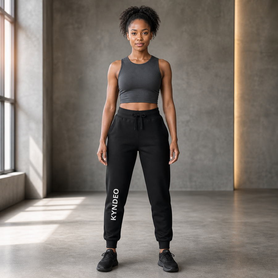 KYNDEO Hearth Fleece Sweatpant full front view on Black woman in warm-gray fitness studio