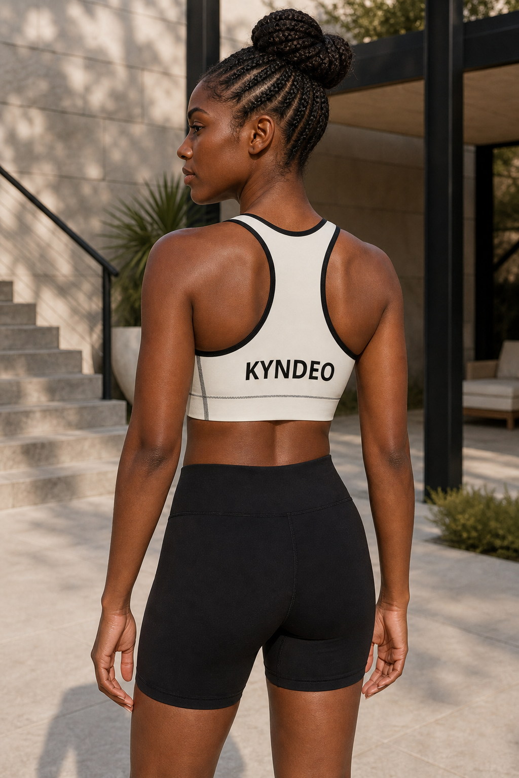 Black woman showing the ivory KYNDEO Ivory Form Sports Bra, rear three-quarter view