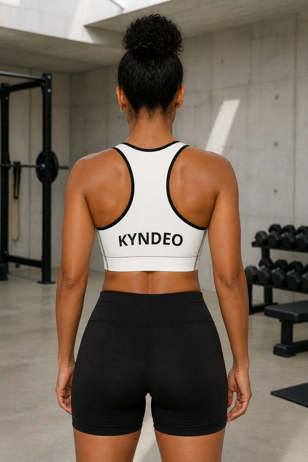 Afro-Latina woman showing the ivory KYNDEO Ivory Form Sports Bra racerback, straight back view