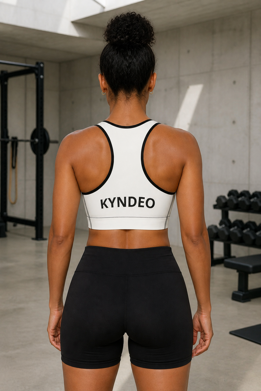 Afro-Latina woman showing the ivory KYNDEO Ivory Form Sports Bra racerback, straight back view