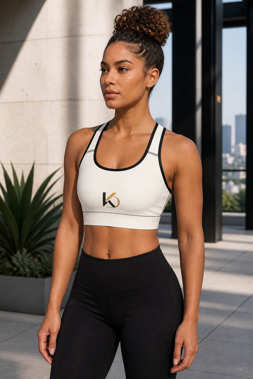 Afro-Latina woman wearing the ivory KYNDEO Ivory Form Sports Bra, front three-quarter view