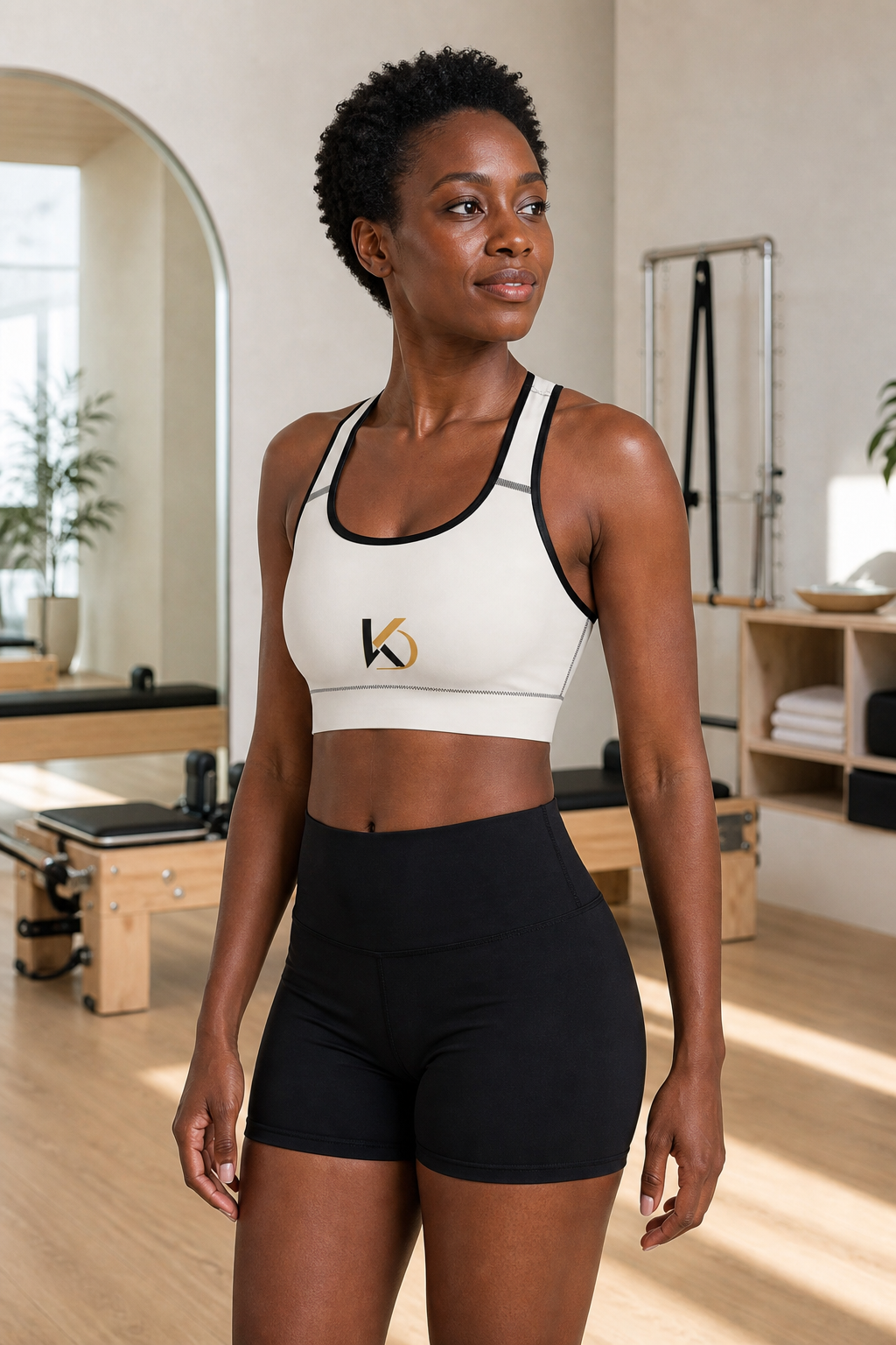 Black woman wearing the ivory KYNDEO Ivory Form Sports Bra, opposite front three-quarter view