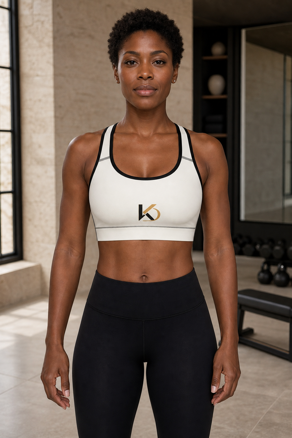 Black woman wearing the ivory KYNDEO Ivory Form Sports Bra, strict front view