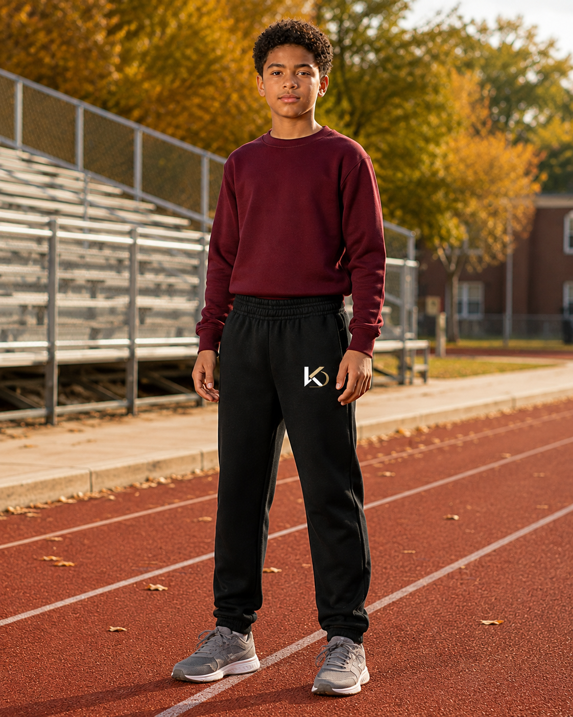KYNDEO Youth Axis Jogger in Jet Black, complete front view from waistband to both cuffs