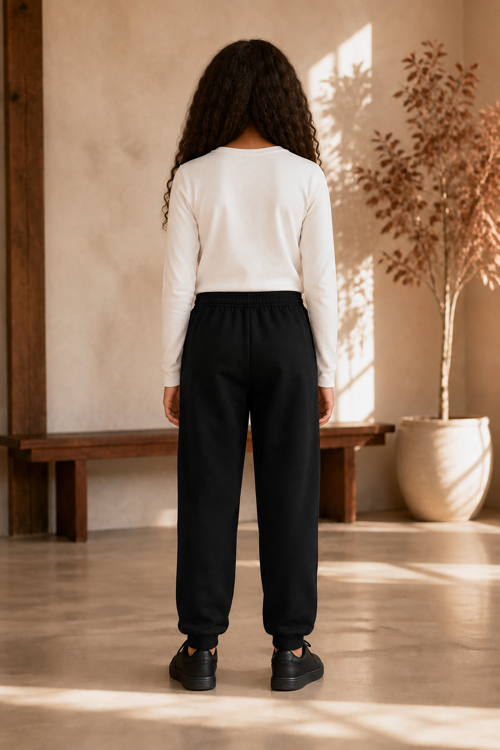 KYNDEO Youth Axis Jogger in Jet Black, complete rear view from waistband to both cuffs