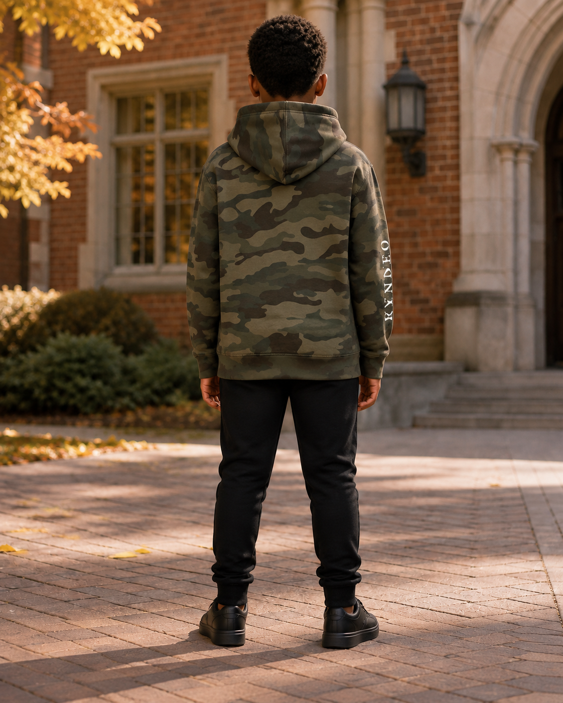 KYNDEO Youth Camo Hoodie complete rear view, Forest Camo, with right-sleeve wordmark