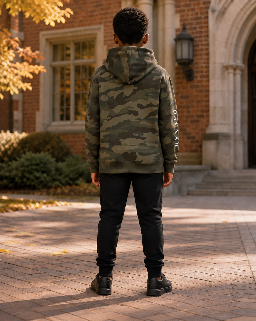 KYNDEO Youth Camo Hoodie complete rear view, Forest Camo, with right-sleeve wordmark
