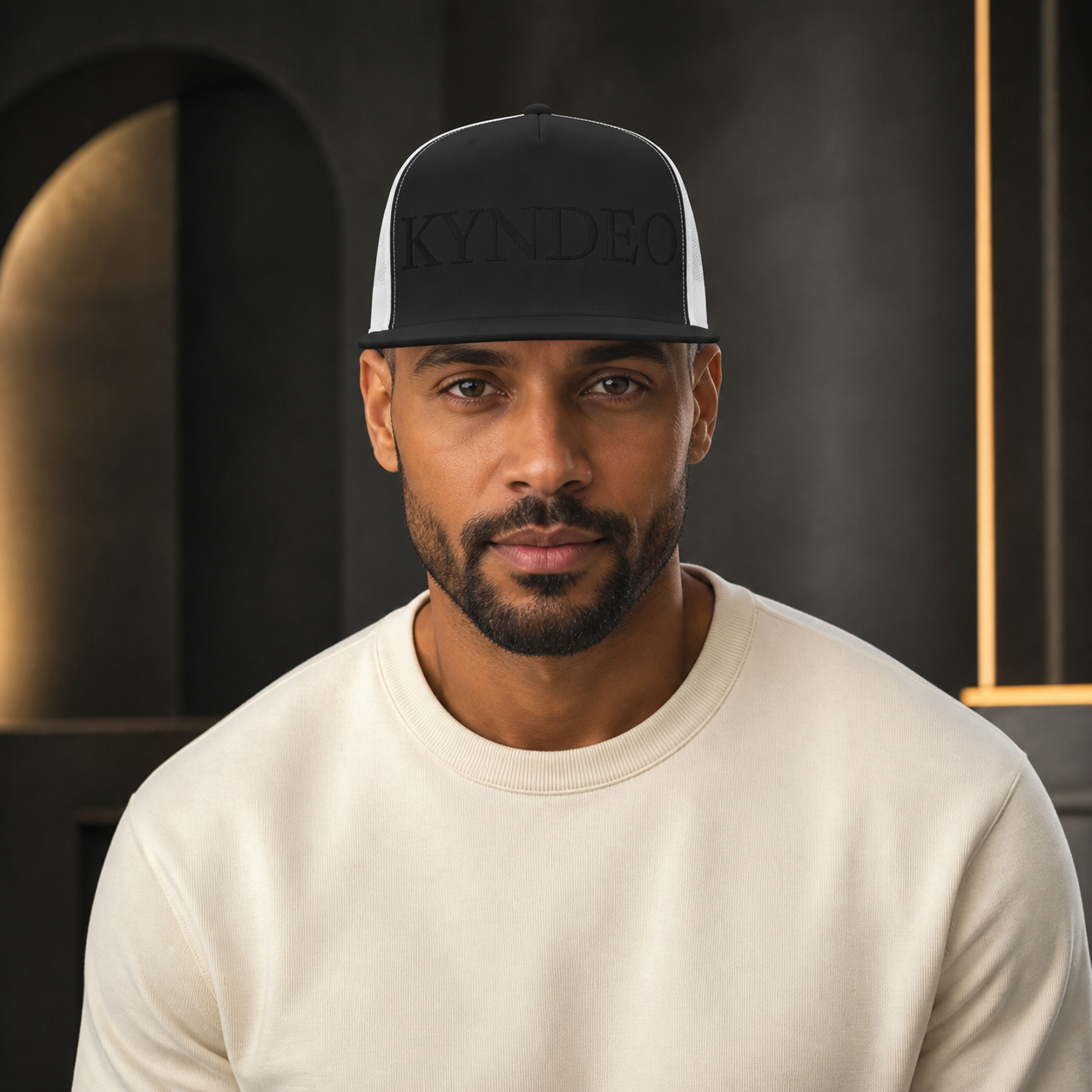 KYNDEO Emberline Trucker Black White full front view
