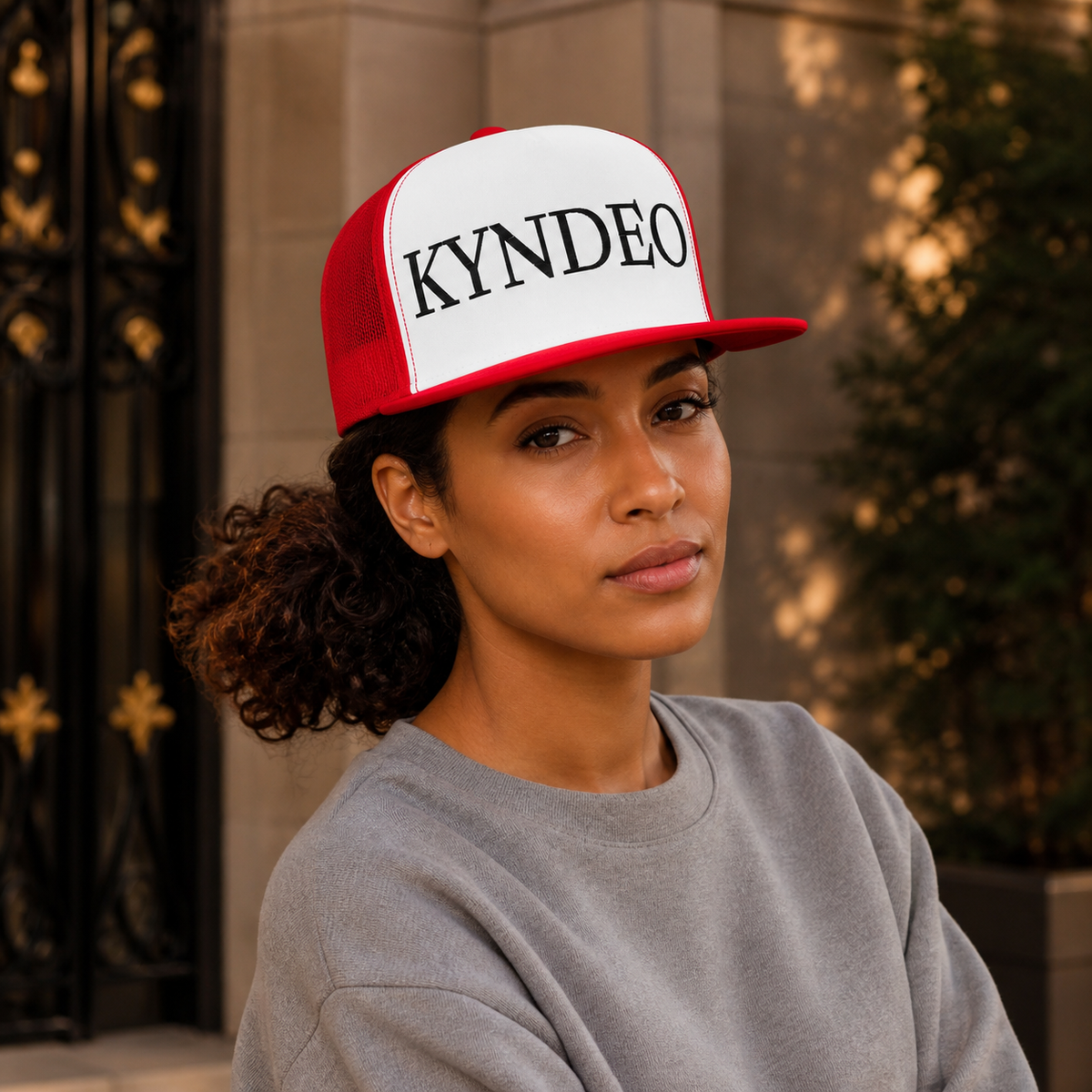 KYNDEO Emberline Trucker Red White Red complete three quarter view