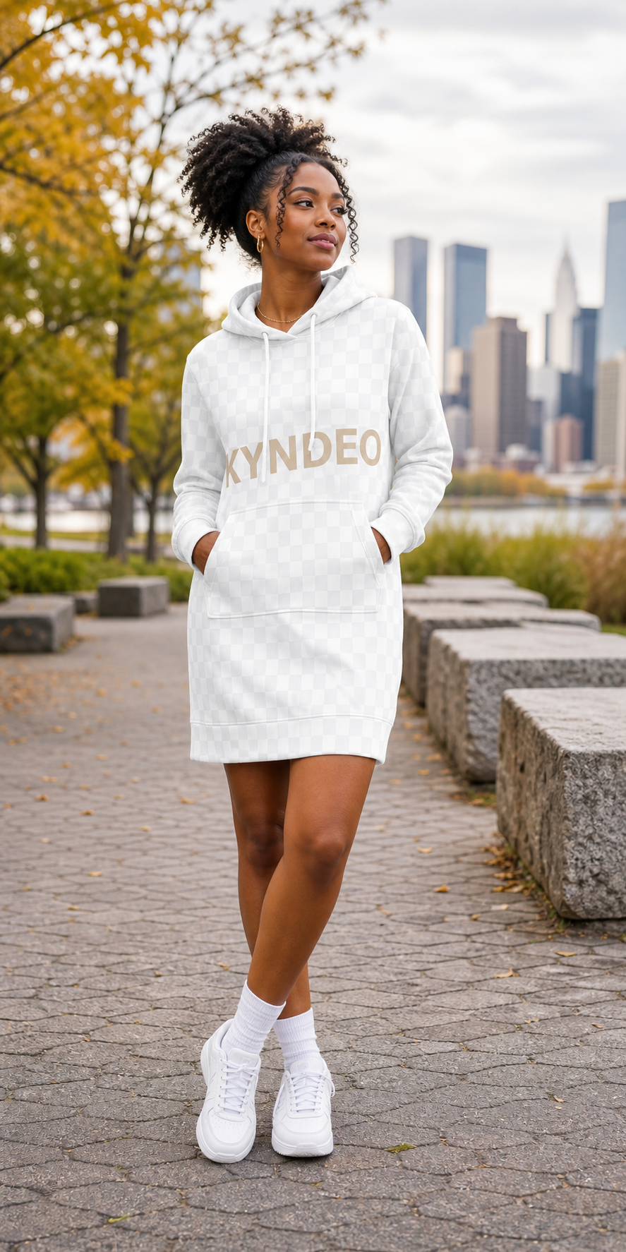 Black female model wearing the KYNDEO Ivory Drift Hoodie Dress outdoors
