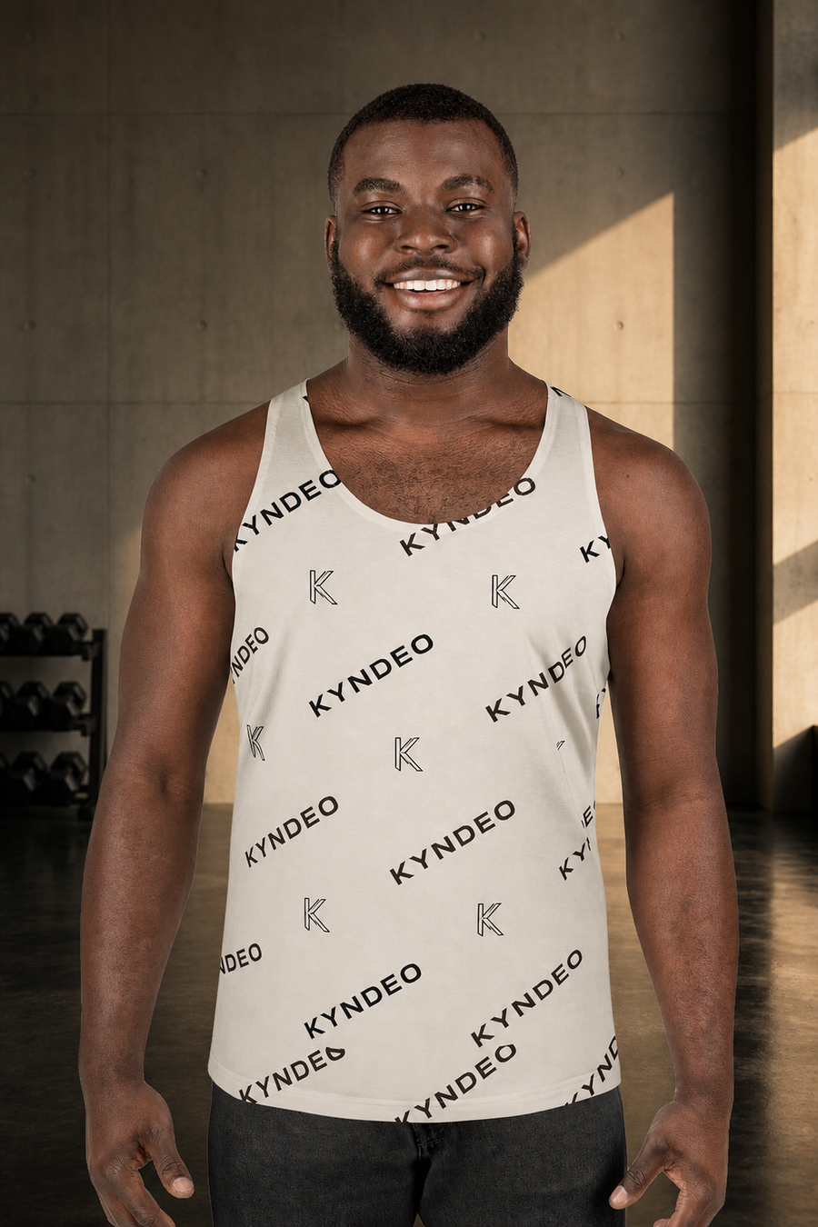 KYNDEO Origin Tank on Black male athlete, front view in warm concrete training studio
