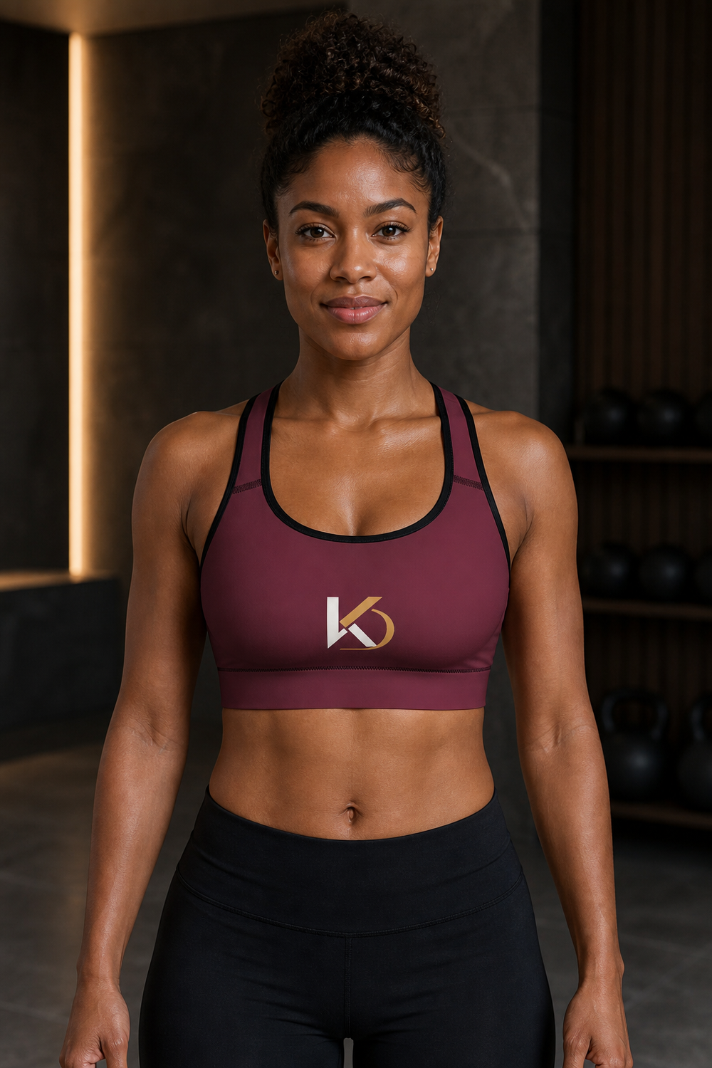 Black woman wearing KYNDEO Oxblood Sports Bra, full front view