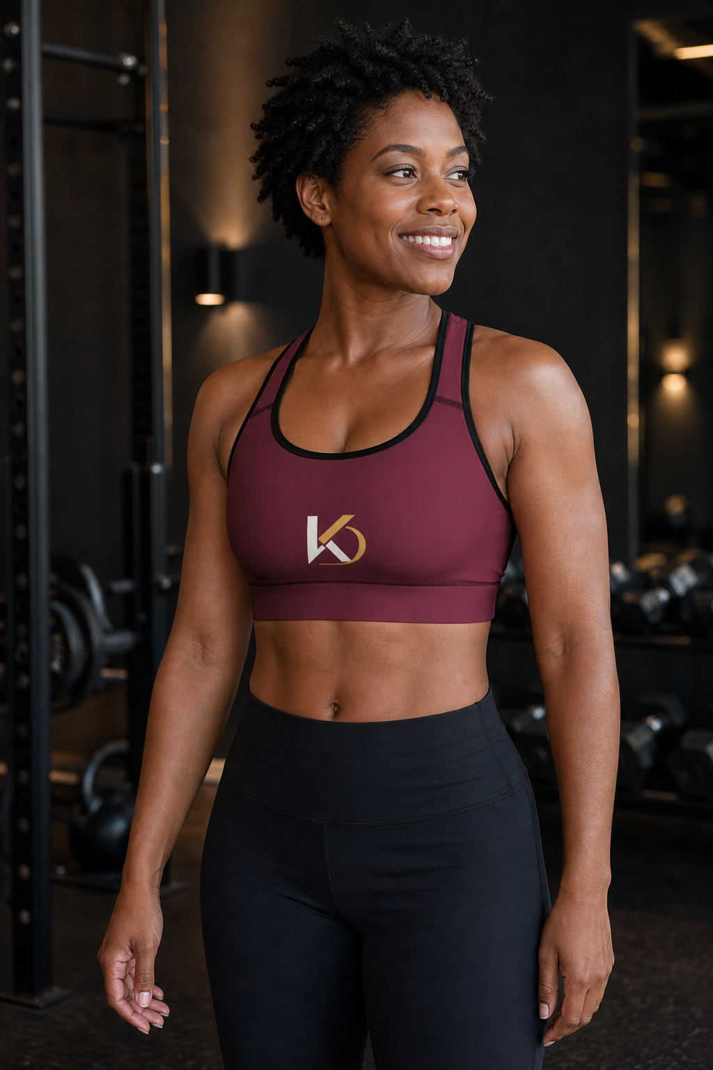 African American woman wearing KYNDEO Oxblood Sports Bra, right front view