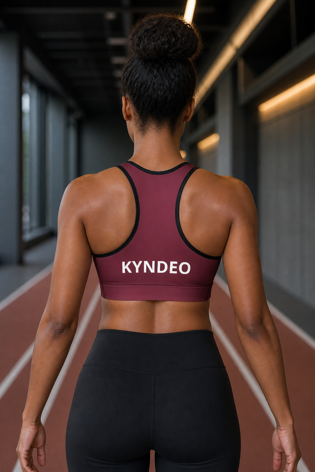Black woman wearing KYNDEO Oxblood Sports Bra, full racerback view