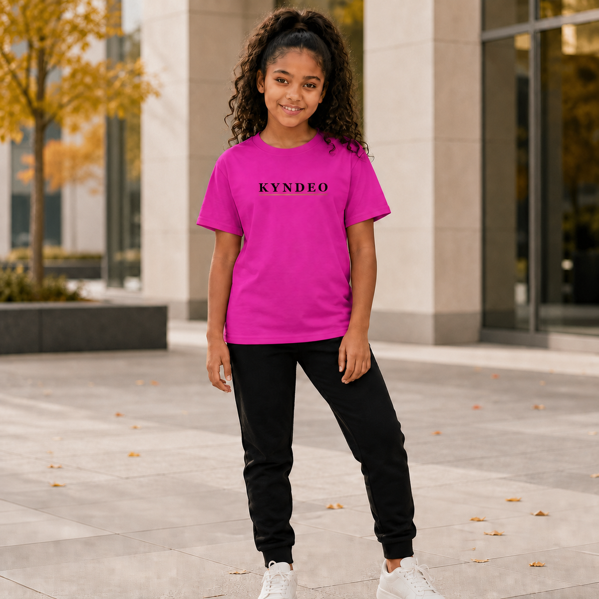 KYNDEO Youth Pop Tee in Cyber Pink, complete front view with black wordmark and thin gold underline
