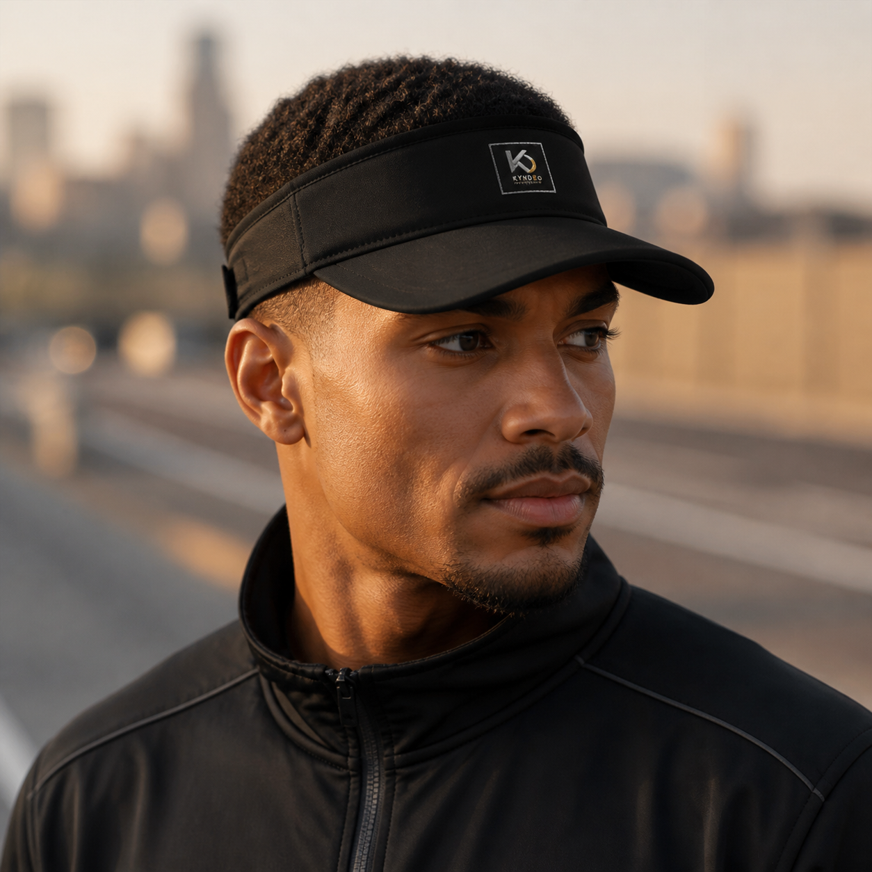 Afro-Latino man wearing KYNDEO Shadowline Visor, right front view