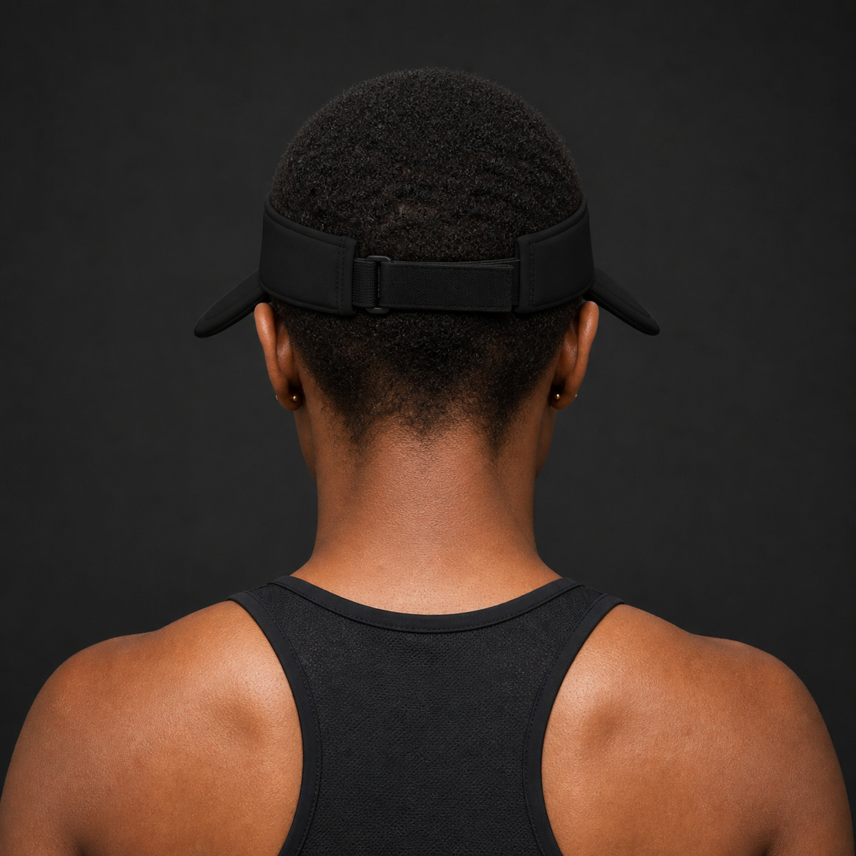 Black woman wearing KYNDEO Shadowline Visor, full rear closure view
