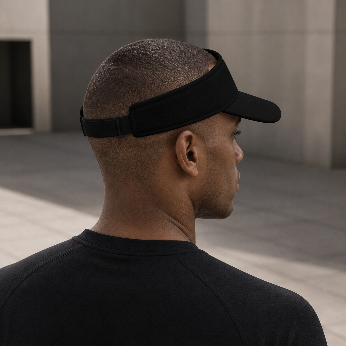 Black man wearing KYNDEO Shadowline Visor, rear side view