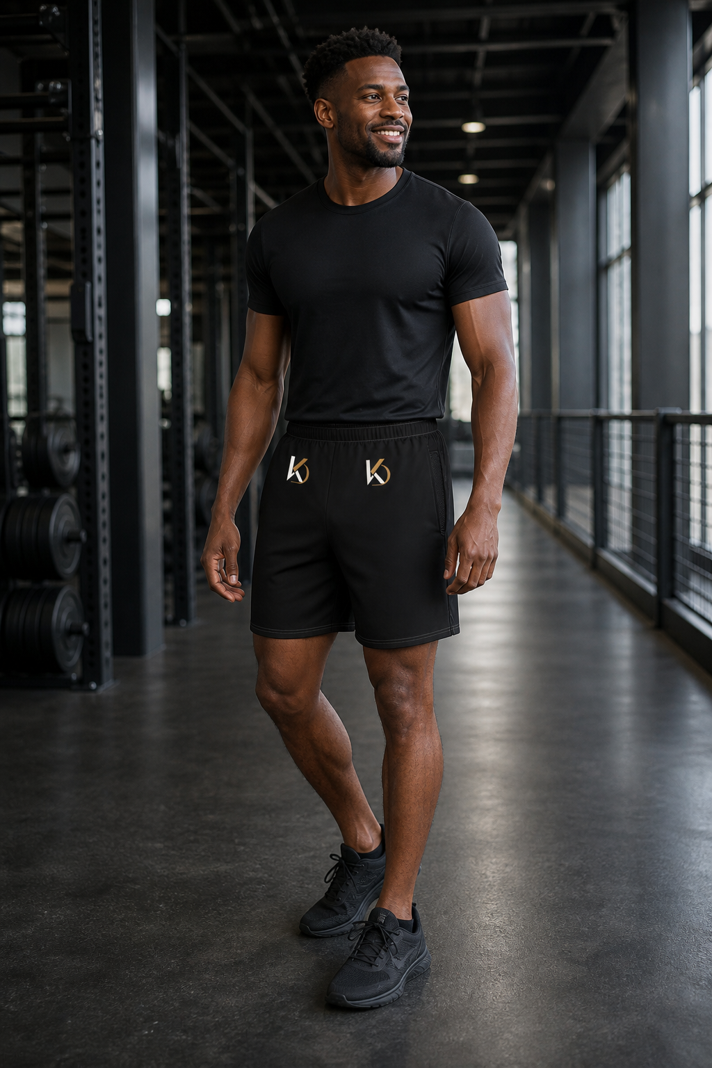KYNDEO Stride Long Short on Black male model, alternate front three-quarter view