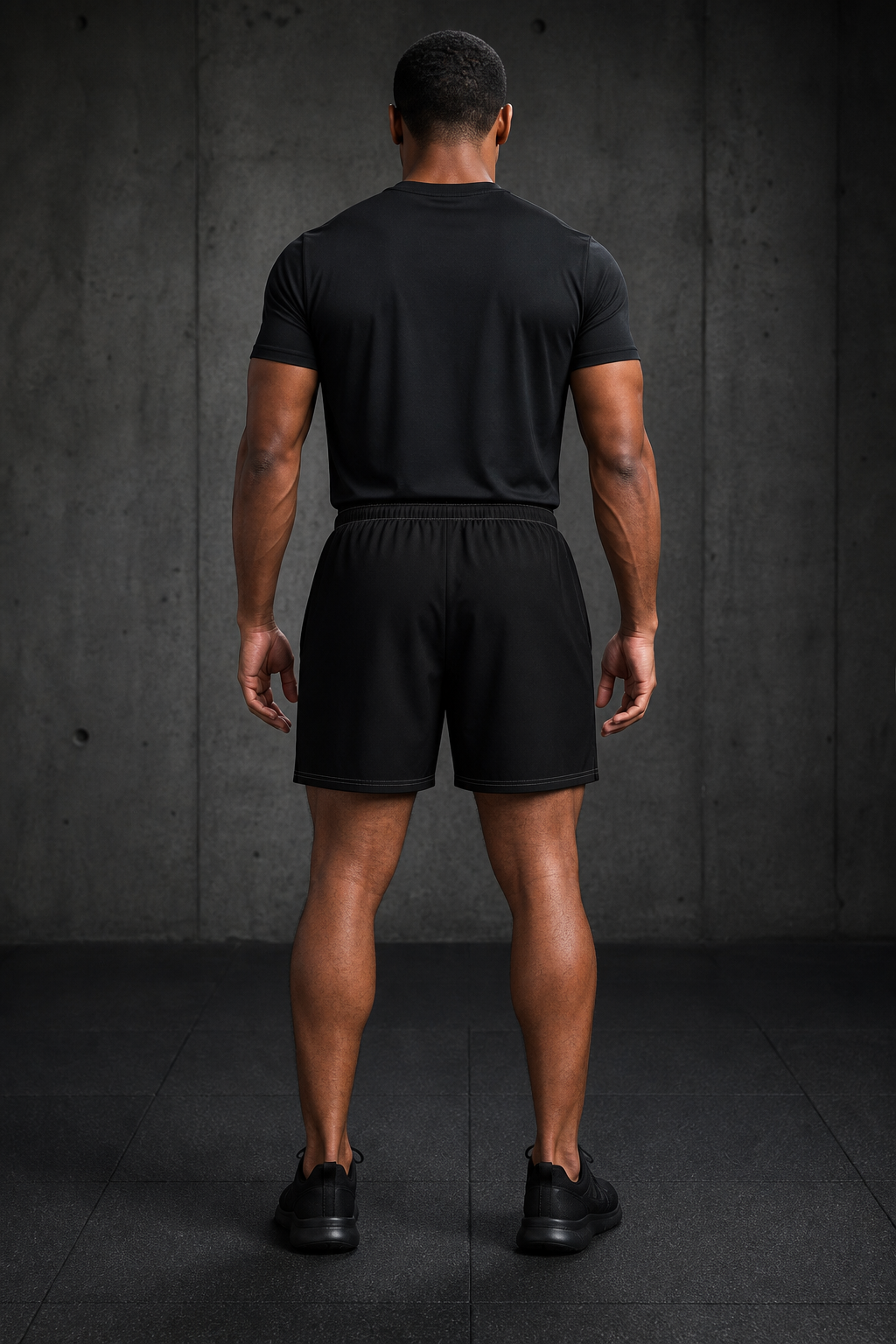 KYNDEO Stride Long Short on Black male model, complete rear view