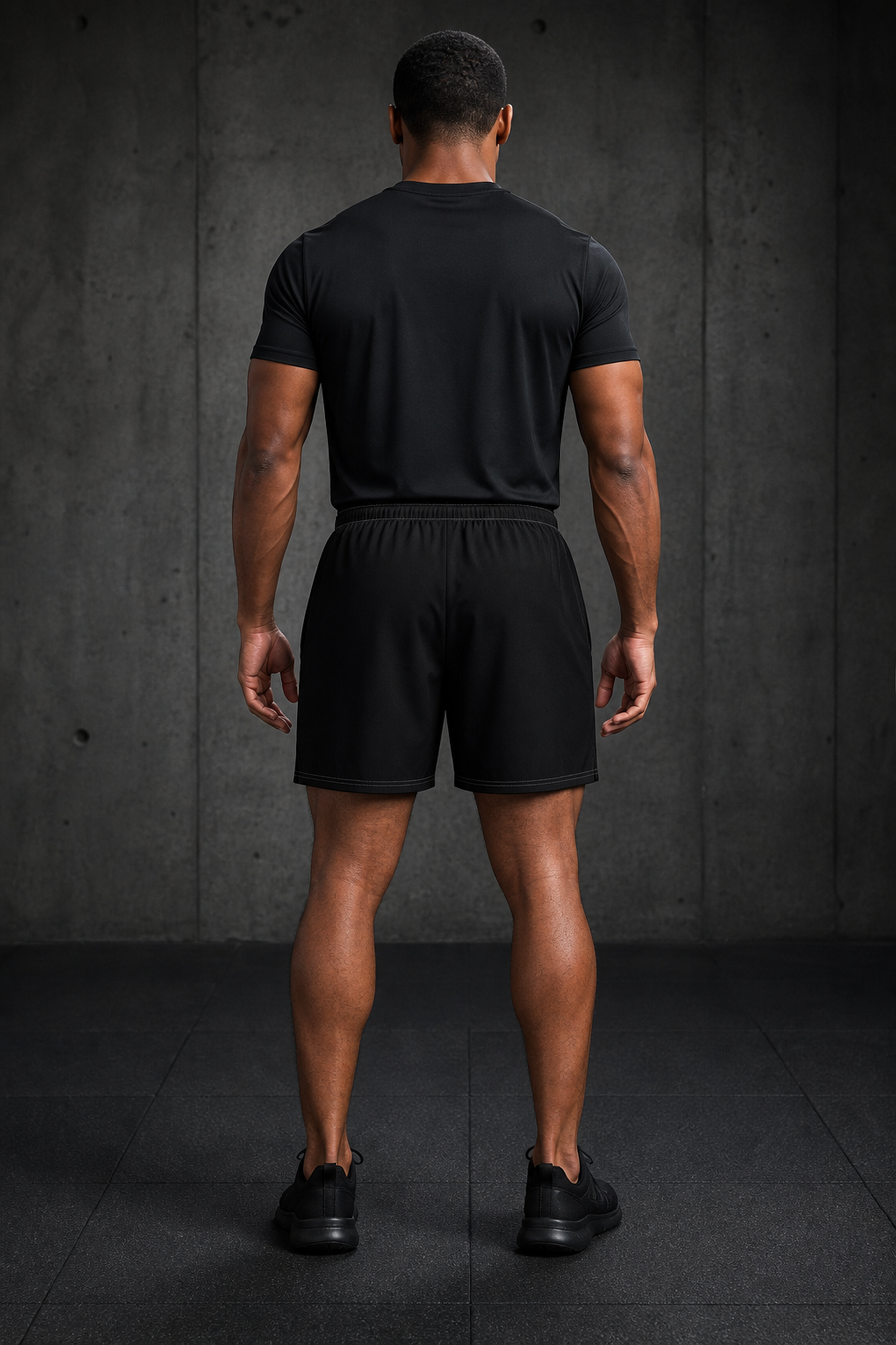 KYNDEO Stride Long Short on Black male model, complete rear view